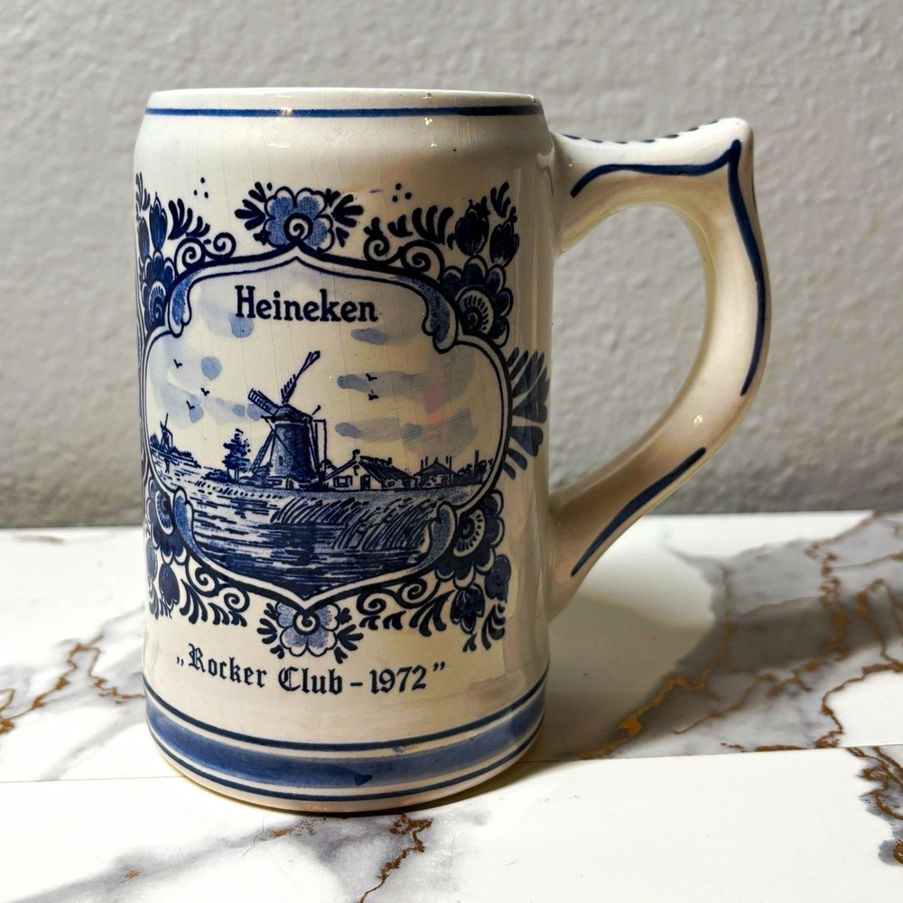 Vintage 1972 Heineken Blue Delfts Rocker Club Handpainted Holland Beer Stein Mug